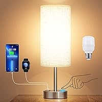 Touch Table Lamp for Bedroom Nightstand - Bedside Lamp with USB-C USB-A Charging Ports White, 3 Way Dimmable Control Small Lamp Fabric Shade Silver Base for Bedroom, Office, Living Room, Reading