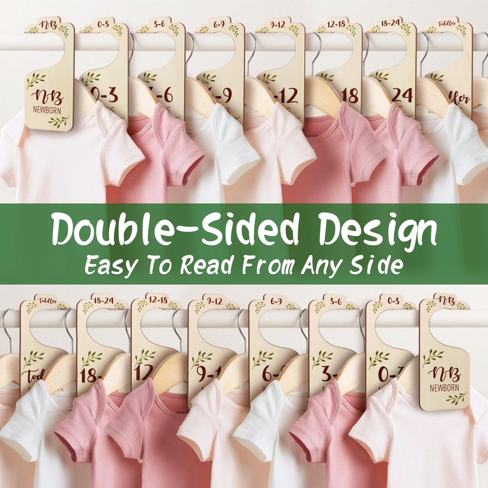 Baby Closet Dividers for Clothes Organizer - 8 PCS Adorable Wooden Double-Sided Baby Clothes Size Hanger Organizer from Newborn to Toddler for Nursery Decor