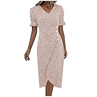 Vintage Valentine's Day Balloon Sleeve Dress Ladies Formal A Line Polyester Printing Tunic Dress for Women Pink XXL