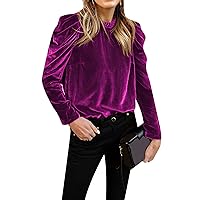 GRASWE Women's Puff Long Sleeve Velvet Tops Vintage Casual Shirt High Neck Solid Pullover