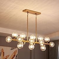 Moooni 16 Lights Modern Rectangle Chandelier Gold Pendant Ceiling Light Fixture Clear Glass Shades Gold Chandeliers for Dining Room Kitchen Island