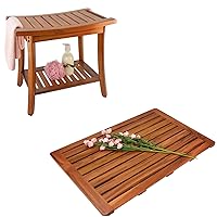 Utoplike Teak Shower Bench Seat with Large Teak Bath Mat,Portable Spa Bathing Stool and Bath Mat, Perfect for Indoor and Outdoor Use