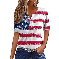 Fourth of July Shirts Women Henley Shirt V Neck Top Short Sleeve American Flag Tshirt Cute Tunic Patriotic Outfits