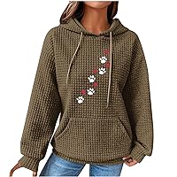 Heart Dog Paw Printed Hoodies for Women Casual Pullover Waffle Long Sleeve Drawstring Hooded Sweatshirt with Pocket