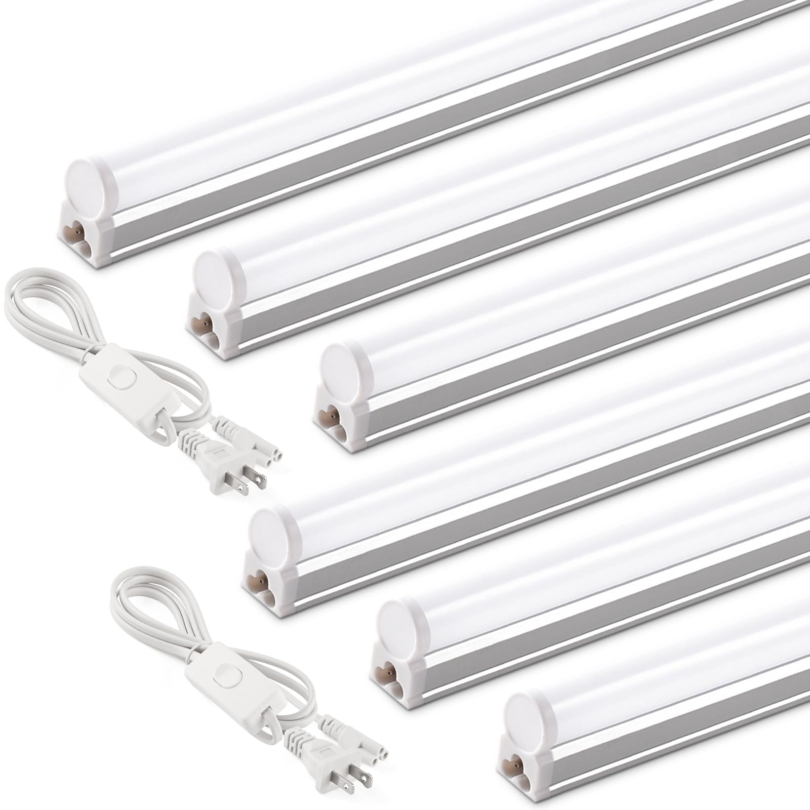 Barrina T5 4FT LED Shop Llight, 2 Pcs Power Cords 6500K Super Bright White 2200lm 20W Utility Light Fixture, Ceiling Under Cabinet Light for Workshop Garage, Corded Electric with ON/Off Switch, 6 Pack