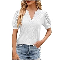 V Neck T Shirts for Women 2024 Fashion Puff Sleeve Tees Dressy Casual Summer Tops Comfy Lightweight Solid Tunic Blouses