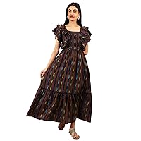 Womens Ikat Brown Cotton Maxi Dress