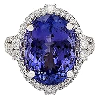 12.87 Carat Natural Blue Tanzanite and Diamond (F-G Color, VS1-VS2 Clarity) 14K White Gold Luxury Cocktail Ring for Women Exclusively Handcrafted in USA