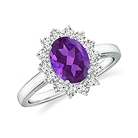 Natural Amethyst Princess Diana Halo Ring for Women Girls in Sterling Silver / 14K Solid Gold/Platinum