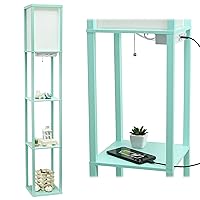 Simple Designs LF1037-AQU Floor Lamp Etagere Organizer Storage Shelf with 2 USB Charging Ports, 1 Charging Outlet and Linen Shade, Aqua