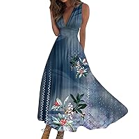 Maxi Dresses for Women 2024 Sun Denim Summer Fashion Print V-Neck Sleeveless Waist Tie Dress