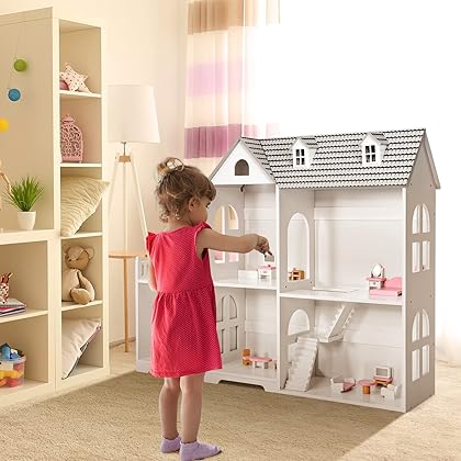 Costzon Kids Wooden Dollhouse, 2-in-1 Cottage Dollhouse Bookcase w/ 5 Rooms and Hidden Storage, 2 Tiers Pretend Toy Set w/ 14 PCS Furniture for Toddlers Playroom, Nursery, Gift for Girls & Boys (Grey)