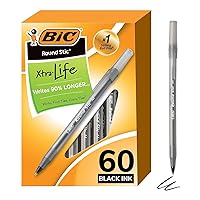 BIC Round Stic Xtra Life Ballpoint Pens, Medium Point (1.0mm), Black, 60-Count Pack, Flexible Round Barrel For Writing Comfort (GSM609-BLK)