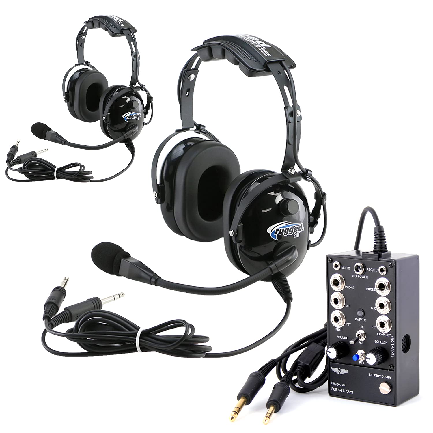 Rugged General Aviation Student Pilot Headsets for Flying Airplanes - Features Noise Reduction GA Dual Plugs Adjustable Headband and Free Headset Bag (Headset) (2 Pack with Intercom)