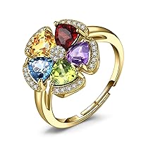 JewelryPalace Flower 2.6ct Genuine Blue Topaz Amethyst Citrine Garnet Peridot Cocktail Rings for Women, Adjustable Open 14k Gold 925 Sterling Silver Ring, Multicolor Natural Gemstone Jewellery Set