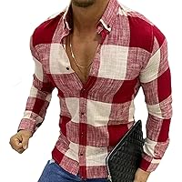 Men Collarless Plaid Long Sleeve Casual Shirt Business Dress Shirt Slim Fit Linen Beach Shirt Band-Collar Shirt