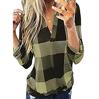 Dokotoo Womens Basic Casual V Neck Plaid Print Cotton Cuffed Long Sleeve Work Tops Blouses Shirts S-3XL