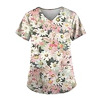 Scrub Tops Women Floral Scrub Tops Stretch Plus Size Nursing Tops Soft Print Nurse Uniform Shirts with Pockets（S-5XL）