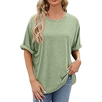 Women's Casual Short Sleeve T Shirts Round Neck Raglan Rolled Sleeve Dressy Blouses Basic Loose Fitted Tunic Tops