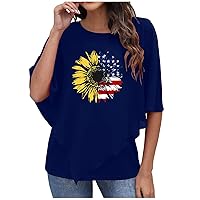 Women's Chiffon Poncho Blouses Double Layered USA Flag Sunflower Tee Shirts Summer Flowy Lightweight T-Shirts