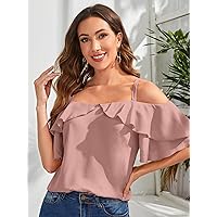 Women's Tops Women's Shirts Sexy Tops for Women Cold Shoulder Ruffle Detail Solid Top (Color : Dusty Pink, Size : X-Large)