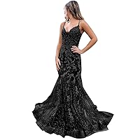 Women's Mermaid Spaghetti Straps Lace Prom Dresses Long Appliques Sparkly Tulle Formal Evening Gowns