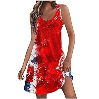 4th of July Women Retro Tank Dress Summer USA Flag Print Sleeveless Beach Dress V Neck Tunic Mini Dress with Pockets