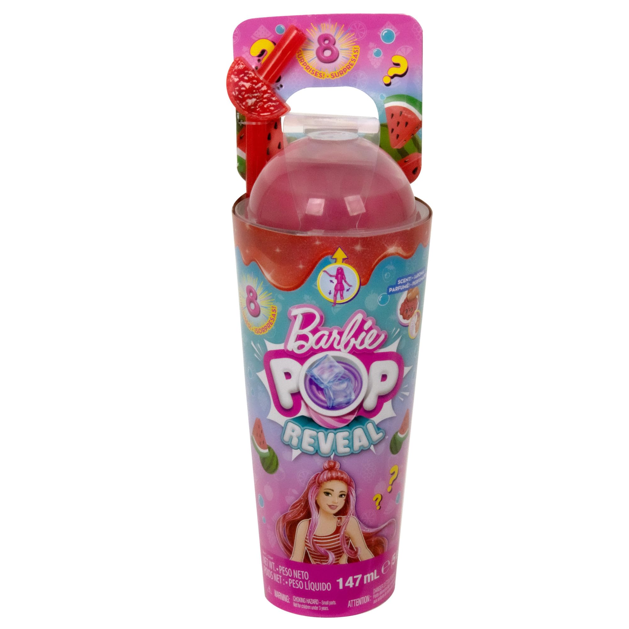Barbie Pop Reveal Doll & Accessories, Watermelon Crush Scent with Red Hair, 8 Surprises Include Slime & Squishy Puppy