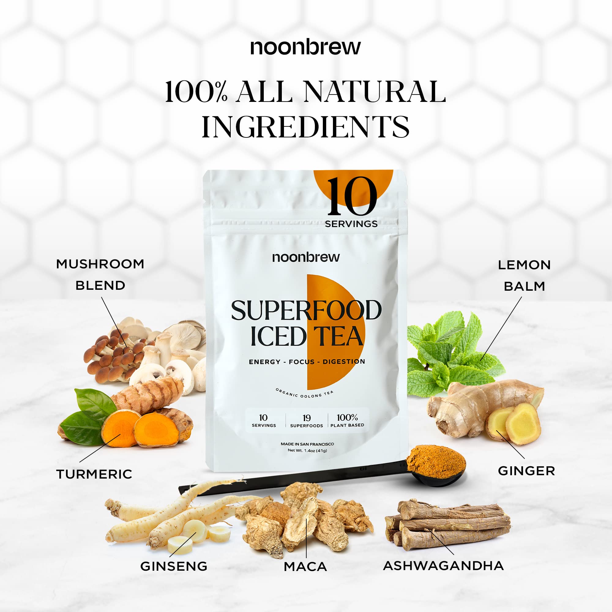 NoonBrew SuperFood Iced Tea - 19 SuperFoods and Adaptogens for All Day Focus, Energy, Digestion Support, Stress Relief, and No Jitters or Crash - Instant Coffee Substitute, Vegan, Keto Friendly, Gluten Free, Low Caffeine (10 Servings - #1 SuperFood Organi
