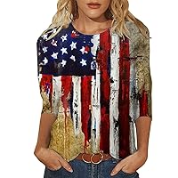 Red White and Blue T-Shirt 3/4 Sleeve Women's Fashionable Casual 4th of July Tops for Women Plus Size Printed Crew Neck Top