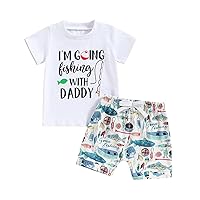Baby Boy Fish Outfit I'm Going Fishing With Daddy Short Sleeve T-Shirt Fish Print Shorts Set Toddler Summer Clothes