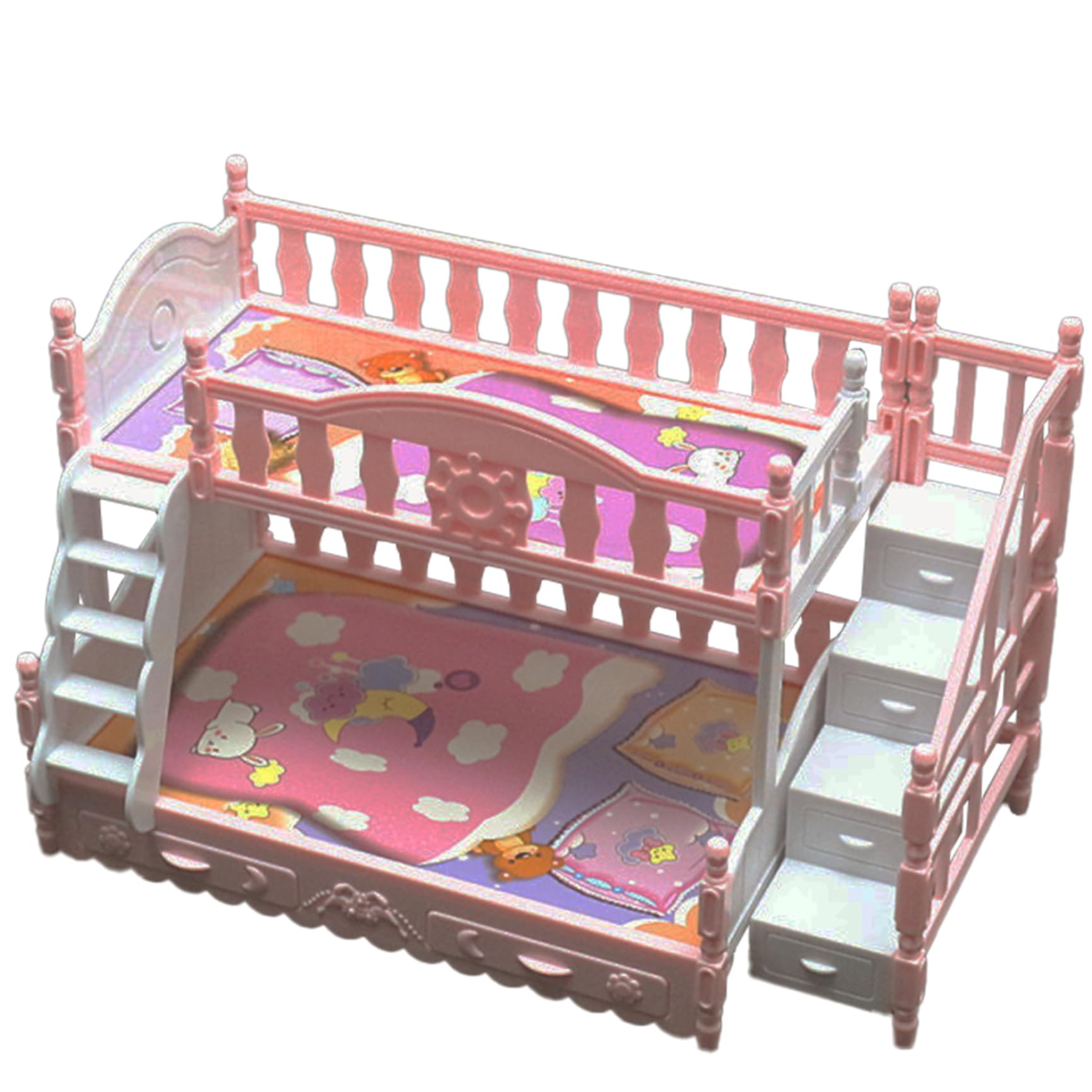 Baby Doll Bunk Bed for Girls Baby Doll Cot Miniature Simulation Cute Cartoon Dollhouse Bed with Stairs Plastic Dollhouse Furniture Birthday Gift