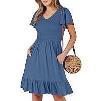 ANRABESS Women's Summer Casual Beach Mini Dress Smocked V Neck Flutter Sleeve Cute Boho Short Dresses 2024 Trendy