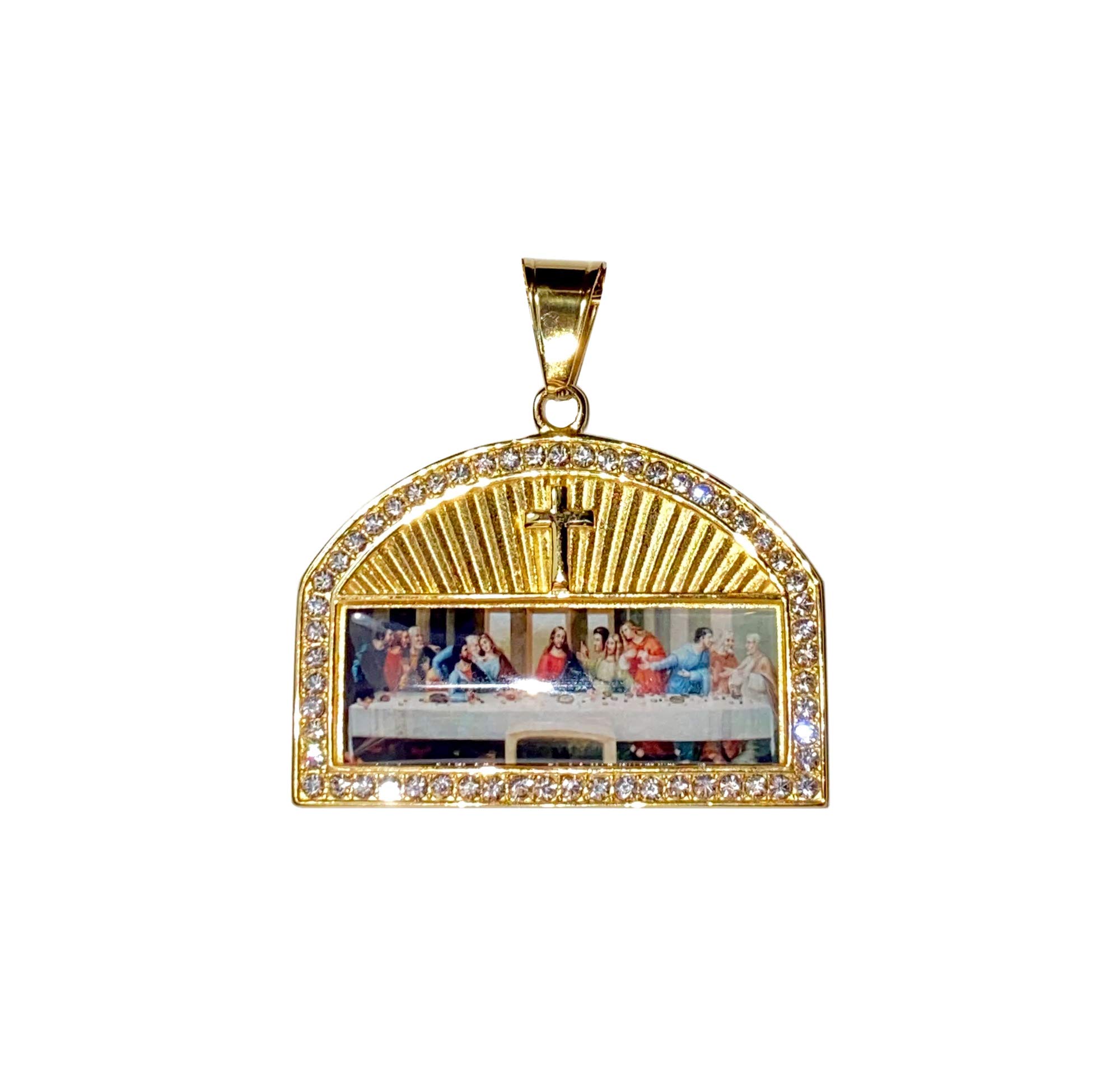 Men Women 925 Italy 14k Gold Finish Iced Big Last Supper of Jesus with His Disciples Pendant Necklace Necklace Punk Retro Vintage Style Bull Head Pendant Stainless Steel Real 2.5 mm Rope Chain Necklace, Men's Jewelry, Family Dinner Chain Pendant Rope Neck