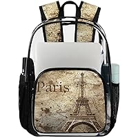 Retro Eiffel Tower Paris Clear Backpack Heavy Duty Transparent Bookbag for Women Men See Through PVC Backpack for Security, Work, Sports, Stadium