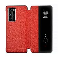 Smart Mirror Leather Flip Phone Case, for Huawei P40 Clear View Window Leather Shockproof Folio Cover [Smart Wake Up/Sleep],Red