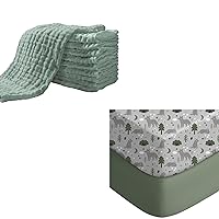 Yoofoss 10 Pack Muslin Burp Cloths for Baby 20''X10'' Dark Green & 2 Pack Baby Crib Sheets for Boys Girls 28x52x8in(Fox)