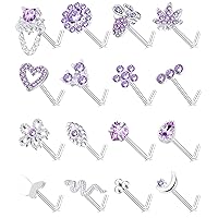 Tornito 16Pcs Nose Stud Rings L Screw Shaped Nose Ring Flower Snake Butterfly Heart Eye CZ Dangle Nose Rings Stud Body Piercing Jewelry for Women Men 20G Silver Pink Tone