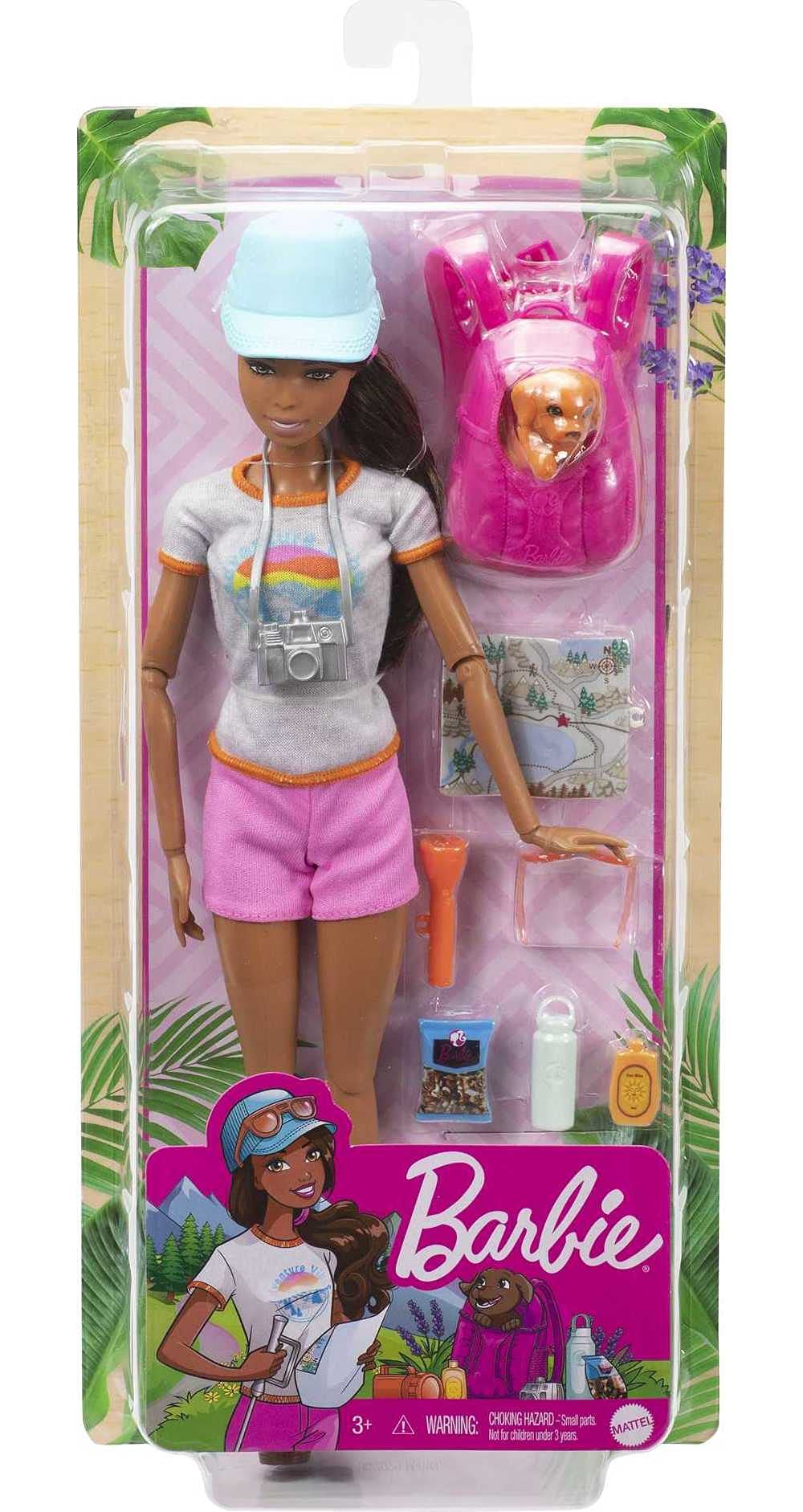 Barbie Hiking Doll, Brunette, with Puppy & 9 Accessories, Including Backpack Pet Carrier, Map, Camera & More, Gift for Kids 3 to 7 Years Old