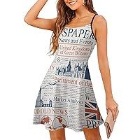 UK London Newspaper Summer Spaghetti Strap Mini Dresses for Women Sleeveless Dress Tank Backless Beach A Line Skirt