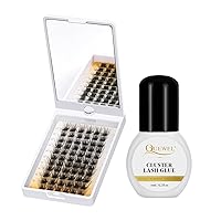 QUEWEL Cluster Lashes with 360° Rotatable Mirror 12-16mm Mix DIY Lash Extensions D Curl Individual Eyelashes Cluster+QUEWEL Lash Clusters Glue 6ml Cluster Lashes Glue Black Eyelash Clusters Glue