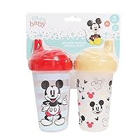 Toddler Sippy Cups for Boys | 10 Ounce Mickey Mouse Sippy Cup Pack of Two with Straw and Lid | Durable Red & Yellow Leak Proof Travel Water Bottle for Toddlers
