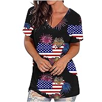 American Flag Shirts Women's Patriotic V Neck Short Sleeve 4th of July T Shirt Independence Day Print Tunic Blouse Tops
