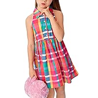 OYOANGLE Girl's Plaid Print Sleeveless Collared Neck Button Down Dress High Waist Flared Short Dresses