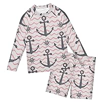 Sea Anchor Helm Pink Stripes Boys Rash Guard Sets Long Sleeve Rashguard Swimsuit Swimsuit Bathing Suits Set,3T