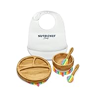 Baby and Toddler, 3 compartment plate, bowl, and spoon feeding set- silicon suction, Non-toxic all natural Bamboo baby food plate with silicon bib