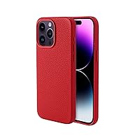 Genuine Leather Case for iPhone 15 Pro (6.1 inch) Top Litchi Grain Leather Magnetic Phone Case- Compatible with Magsafe - Red