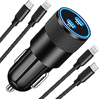 [Apple MFi Certified] iPhone Car Charger Fast Charging, Braveridge 60W Dual USB-C Power Cigarette Lighter Car Charger+2Pack Type-C to Lightning Braided Cable for iPhone 14 13 12 11 XS Max Mini XR iPad