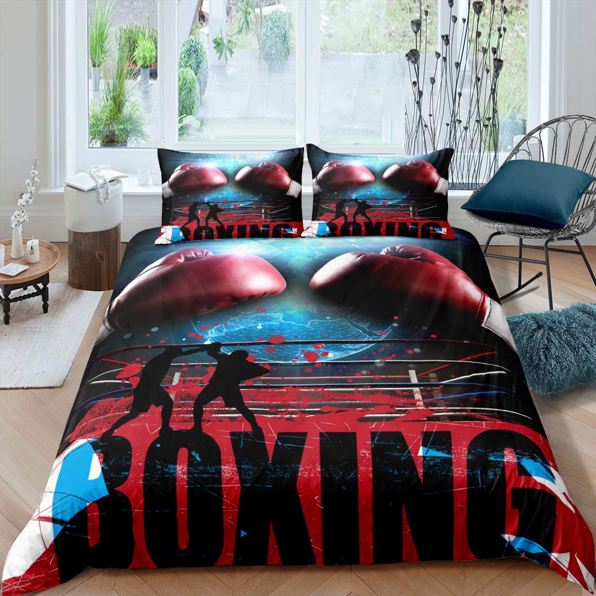 Erosebridal Adult Boxing Duvet Cover Twin Size, Sports Games Theme Bedding Set Boxing Gloves Quilt Cover, Athlete Silhouette Pattern Comforter Cove...