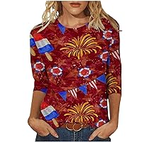Early Black of Friday Deal Women 3/4 Sleeve Tees Tops Basic Summer T-Shirt American Flag Star Stripes Print Tunics Summer Lightweight Soft Top